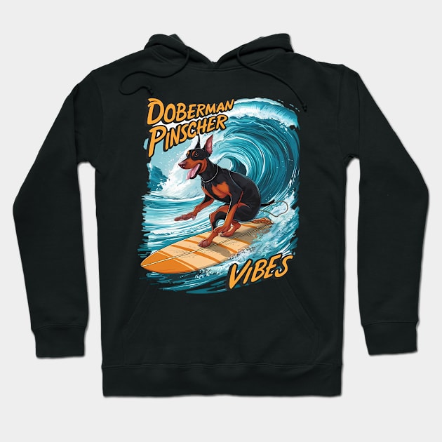 Doberman Pinscher Surfer Riding Tropical Wave Hoodie by coollooks